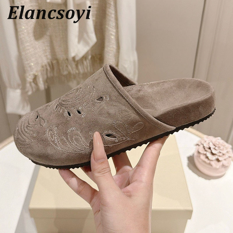 Embroidery Embellishments - Mules décontractées pour femmes en daim
